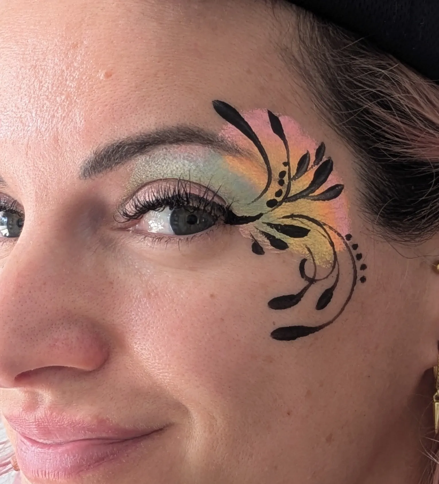 Maquillage artistique multicolore &agrave; motif l&eacute;opard avec paillettes autour de l&rsquo;&oelig;il